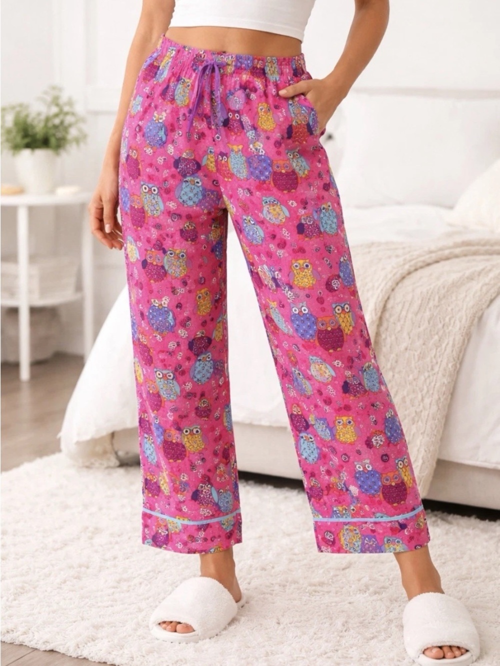 Nick & Nora Owl Pajama Bottoms Size XL Cropped Cotton Pink Colorful